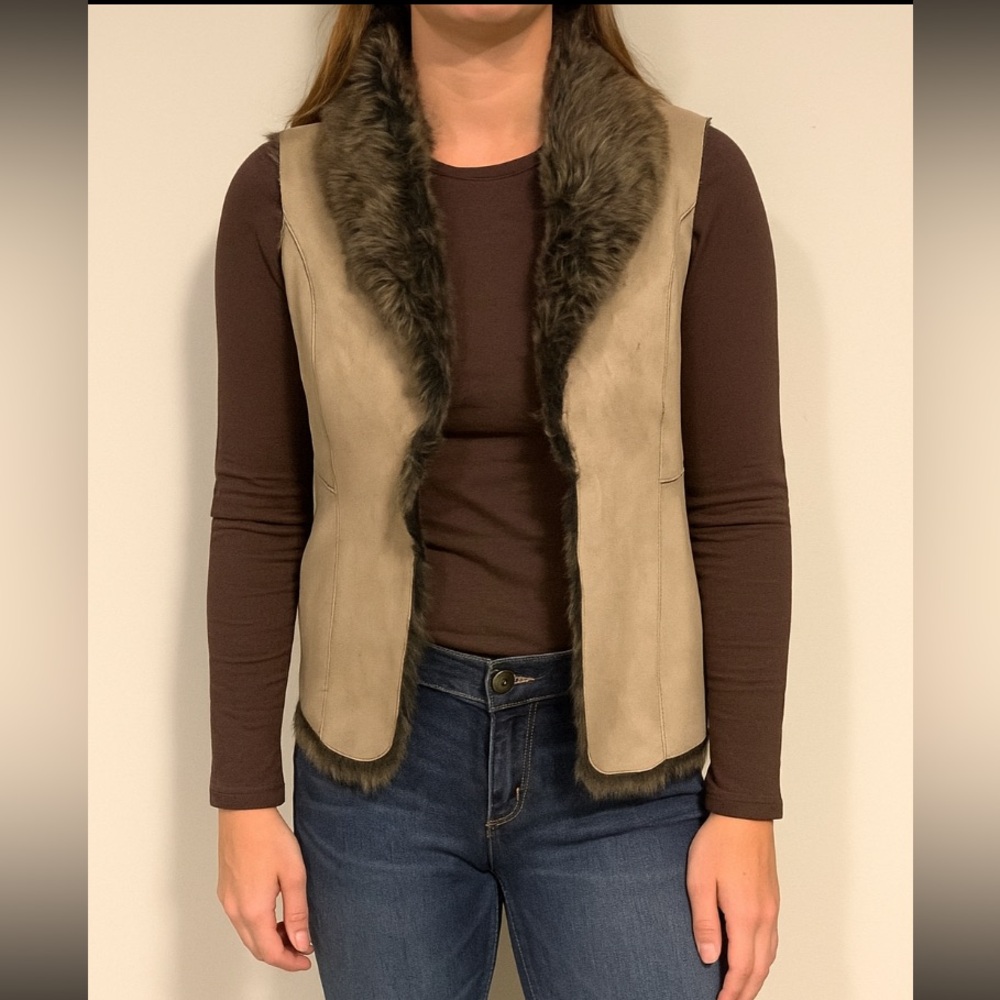 Fever Faux Fur Suede Leather Brown Reversible Penny Lane Style Womans Large
